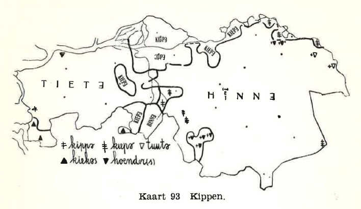 Afbeelding 3: Kippen in de Noord-Brabantse dialecten. Boxtel ligt bij de letter H van HE/INNƎ. (Bron: Toon Weijnen, Onderzoek naar de dialectgrenzen in Noord-Brabant, Fijnaart, 1937)