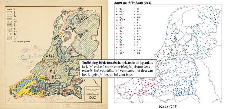 Afbeelding 5: Kaas in de dialecten van Nederland en Vlaanderen. Links een kaart uit de jaren '30 van J. van Ginneken. Rechts een kaart uit 2000 van J. Goossens en J. Taeldeman. (Bron: Fonologische Atlas van de Nederlandse Dialecten, jaren '30, 1998-2005)