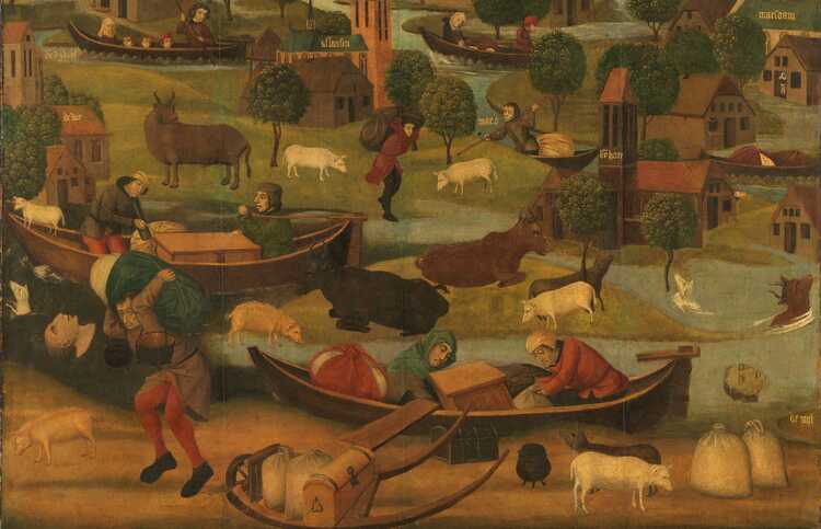 Mensen en vee vluchten voor het water tijdens de Sint-Elisabethsvloed. Sommige dieren verdrinken. Detail uit een groter drieluik. (Bron: Anoniem, 1490-1495, Rijksmuseum)