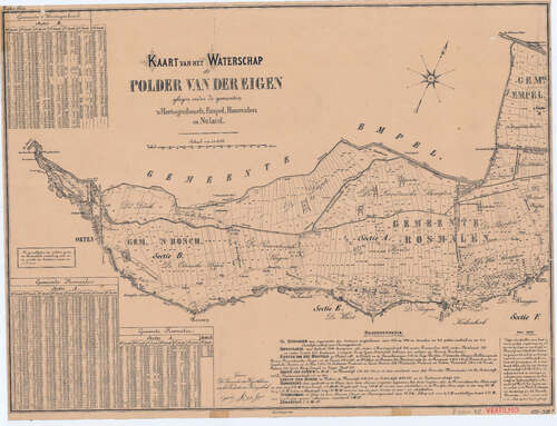 Kadastrale kaart 1811-1832. De Orthense dijk vormt een onderdeel van de zuidelijke grens van de polder Van der Eigen. (Bron: Erfgoed 's-Hertogenbosch)