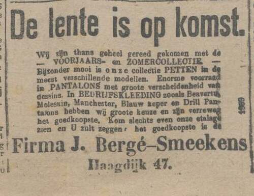 Advertentie voor Firma J. Bergé-Smeekens in 1918. (Bron: collectie familie Bergé, Stadsarchief Breda)