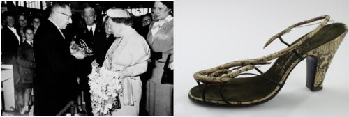 Koningin Juliana wordt rondgeleid op de SLEM en haar wordt een sandaal van C Hendriks & Zn getoond, 1953, Streekarchief Langstraat Heusden Altena