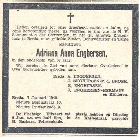 Overlijdensadvertentie van Adrianna Engbersen op 8 januari 1940, tante Naan. (Bron: Dagblad van Noord-Brabant)