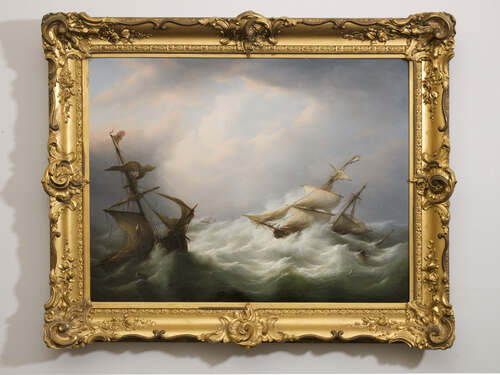 Schepen in zware storm, schilderij van Christiaan Cornelis Kannemans. (Bron: Collectie Stedelijk Museum Breda, langdurig bruikleen Stichting Stedelijk Museum, circa 1848-1852)